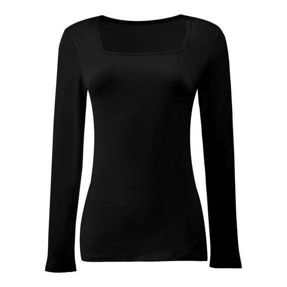 Womens Long Sleeve Square Neck Shirts Basic Slim Fit Tee Tops