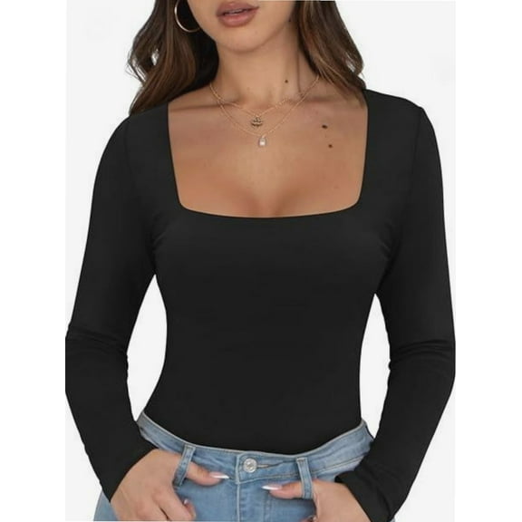 Womens Long Sleeve Square Neck Tops Fashion Slim Fit Tees Shirts