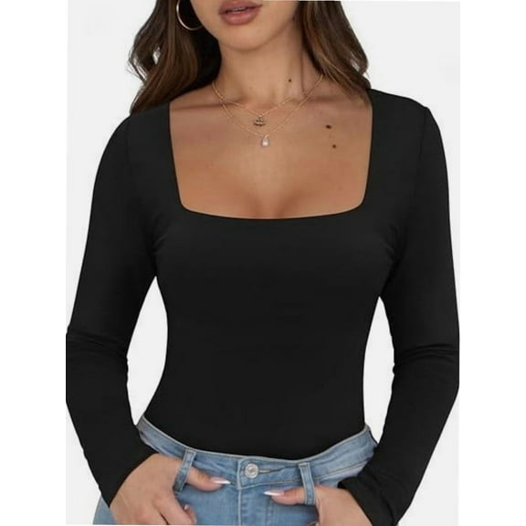 Womens Long Sleeve Square Neck Tops Fashion Slim Fit Tees Shirts