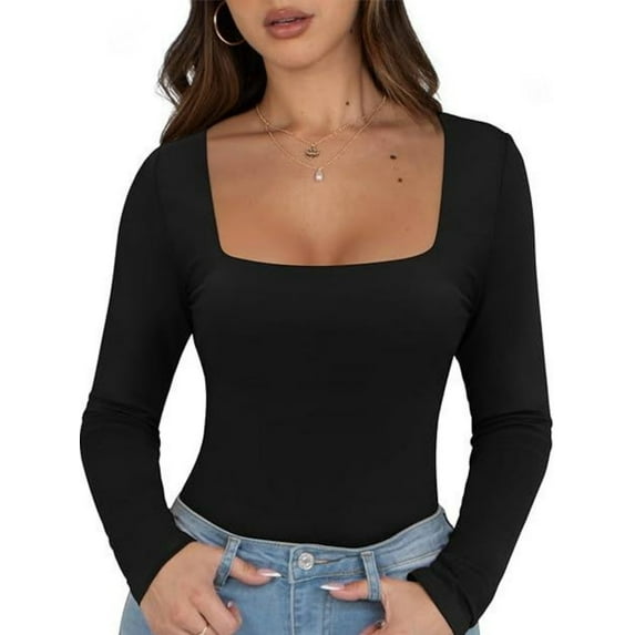 Womens Long Sleeve Square Neck Tops Fashion Slim Fit Tees Shirts