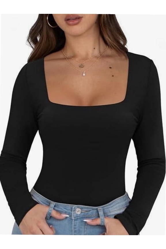 Womens Long Sleeve Square Neck Tops Fashion Slim Fit Tees Shirts