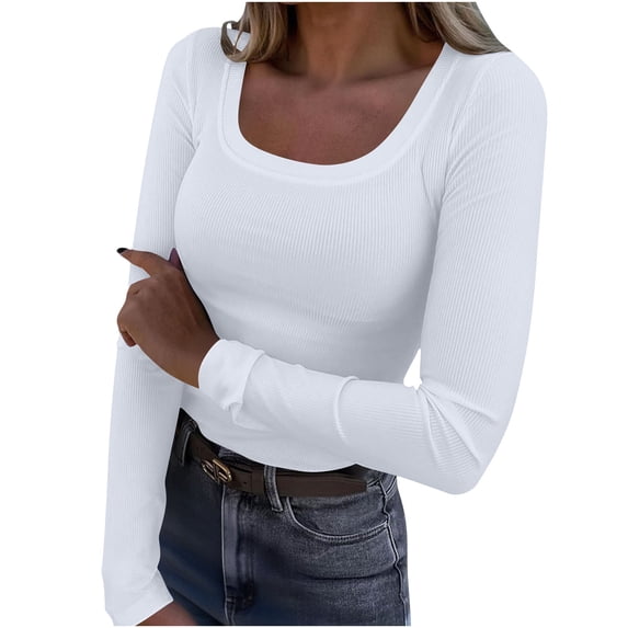 Womens Long Sleeve Square Neck Tops Ribbed Knit Slim Fit Shirts Basic Tee Solid Color Fall Dressy Casual Clothes M-3XL