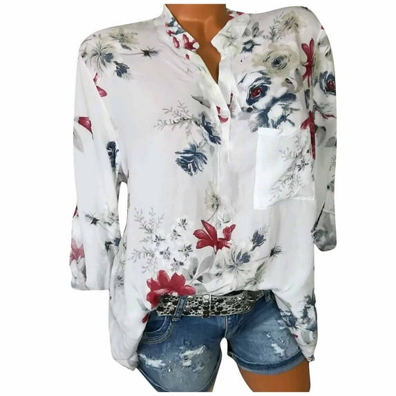 Womens Long Sleeve Stand Collar Blouse Floral Printed Button Pullover Loose Casual Shirts Tops with Pockets