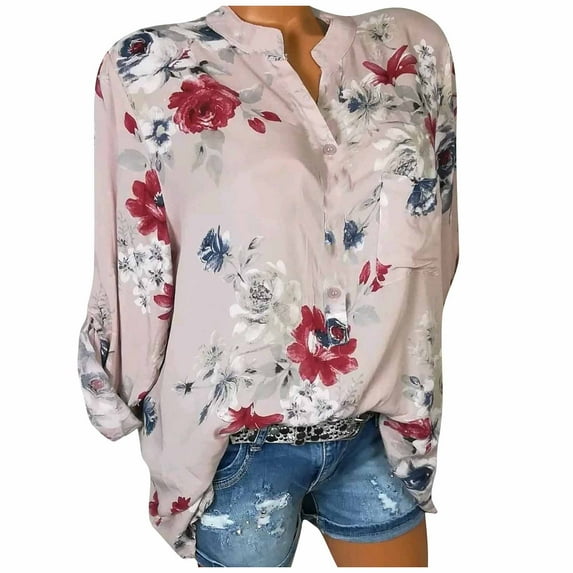 Womens Long Sleeve Stand Collar Blouse Floral Printed Button Pullover Loose Casual Shirts Tops with Pockets