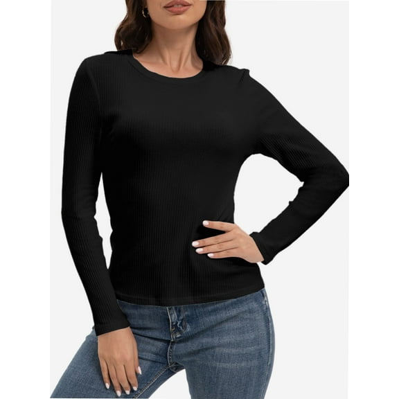 Womens Long Sleeve Stretch Crew neck T-Shirt Fitted Casual Basic Tops