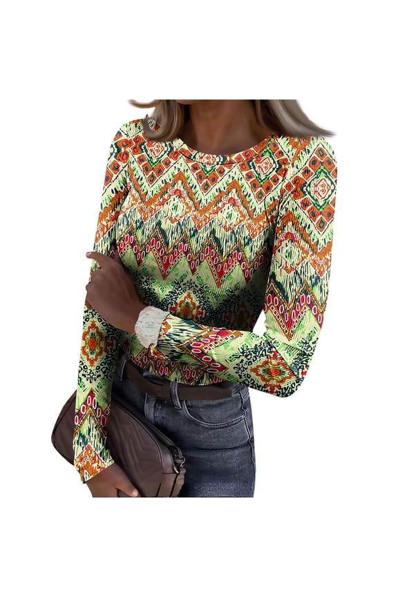 Womens Long Sleeve Stretch Crewneck Ribbed T-Shirt Camo Print Fitted Casual Basic Tee Tops