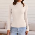 thumbnail image 1 of Womens Long Sleeve Stretch Crewneck Ribbed T-Shirt Fitted Casual Basic Tops Beige 3XL, 1 of 6