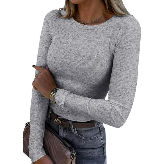 Womens Long Sleeve Stretch Crewneck Ribbed T-Shirt Fitted Casual Basic Tops