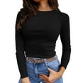 thumbnail image 1 of Womens Long Sleeve Stretch Crewneck Ribbed T Shirt Fitted Casual Basic Tops, 1 of 4