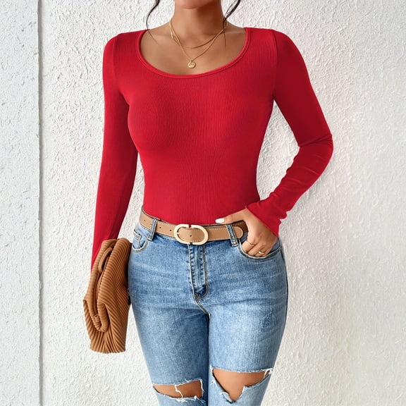 Womens Long Sleeve Stretch Crewneck Ribbed T-Shirt Slim Fit Casual Basic Knit Tops