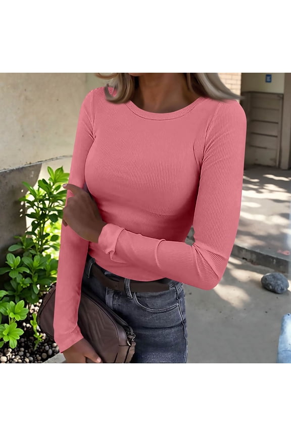 Womens Long Sleeve Stretch Crewneck Ribbed T Shirt Slim Fit Casual Basic Tops for Everyday Wear 2026 Pink S