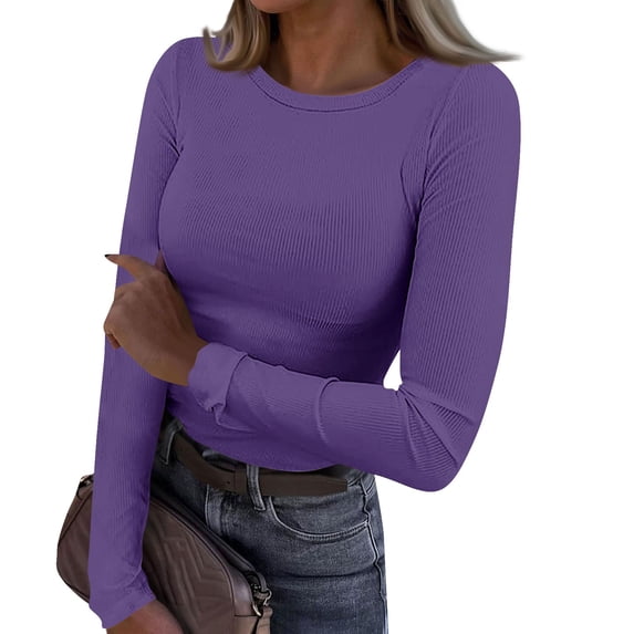 Womens Long Sleeve Stretch Crewneck Ribbed T Shirt Slim Fit Casual Basic Tops for Everyday Wear 2026 Purple XL