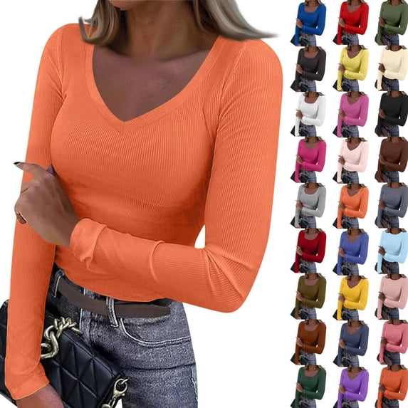 Womens Long Sleeve Stretch Crewneck Ribbed T-Shirt Slim Fit Casual Basic Tops