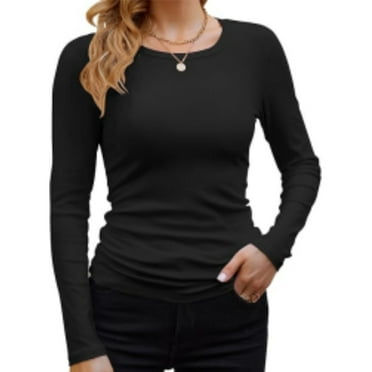 Womens Long Sleeve Stretch Crewneck Ribbed T-Shirt Slim Fit Casual Basic Tops