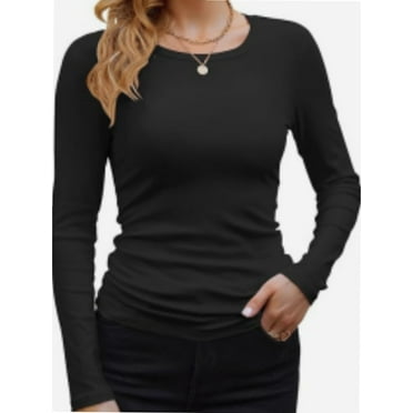 Womens Long Sleeve Stretch Crewneck Ribbed T-Shirt Slim Fit Casual Basic Tops