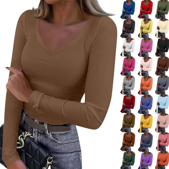 Womens Long Sleeve Stretch Crewneck Ribbed T-Shirt Slim Fit Casual Basic Tops