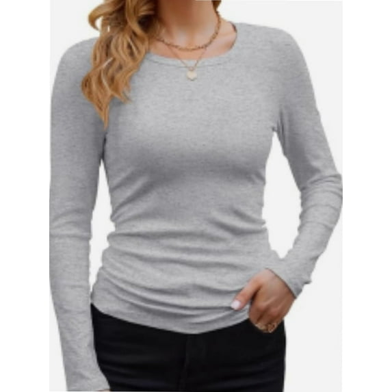 Womens Long Sleeve Stretch Crewneck Ribbed T-Shirt Slim Fit Casual Basic Tops