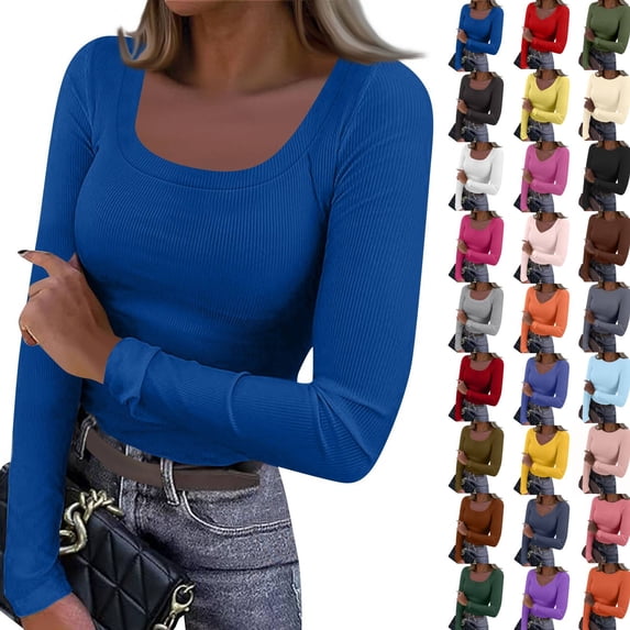 Womens Long Sleeve Stretch Crewneck Ribbed T-Shirt Slim Fit Casual Basic Tops