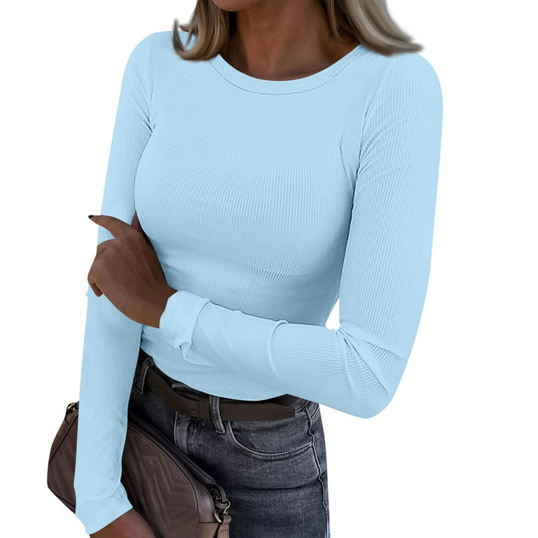 Womens Long Sleeve Stretch Crewneck Ribbed T-Shirt Slim Fit Ladies