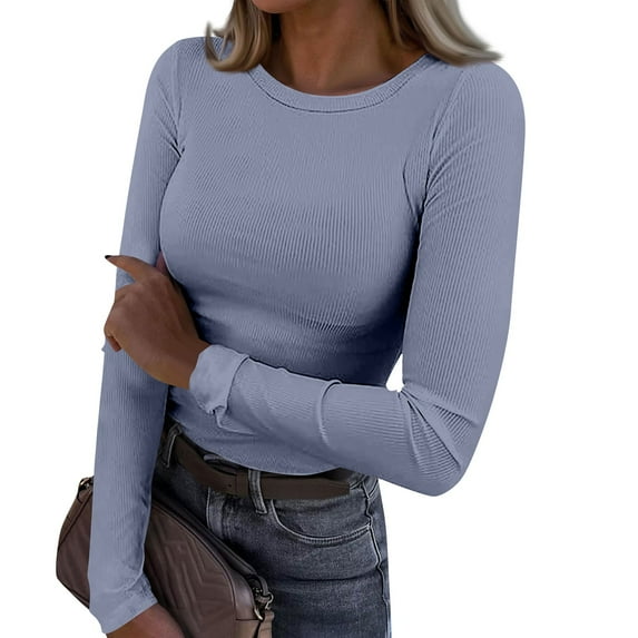 Womens Long Sleeve Stretch Crewneck Ribbed T-Shirt Slim Fit Ladies Casual Pullover Tops Fall Winter Clothes
