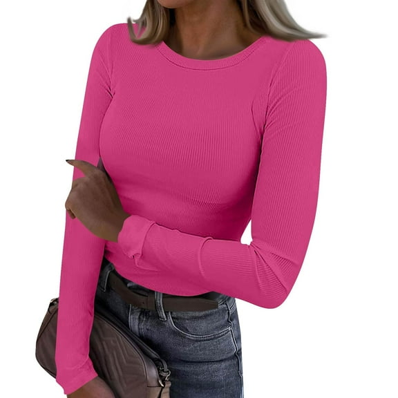 Womens Long Sleeve Stretch Crewneck Ribbed T Shirts Fitted Casual Basic Knit Tops