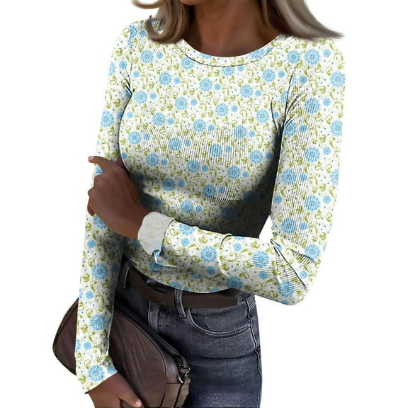 Womens Long Sleeve Stretch Ribbed T-Shirt Floral Print Casual Blouses Slim Fit Basic Tee Tops