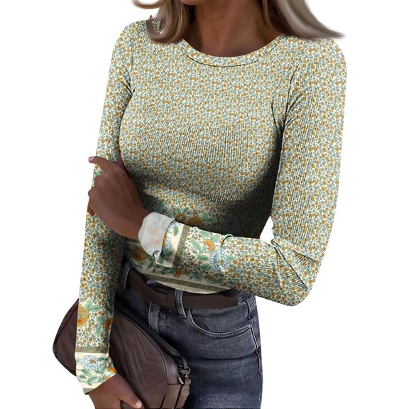 Womens Long Sleeve Stretch Ribbed T-Shirts Crewneck Fitted Casual Basic Layer Tee Tops