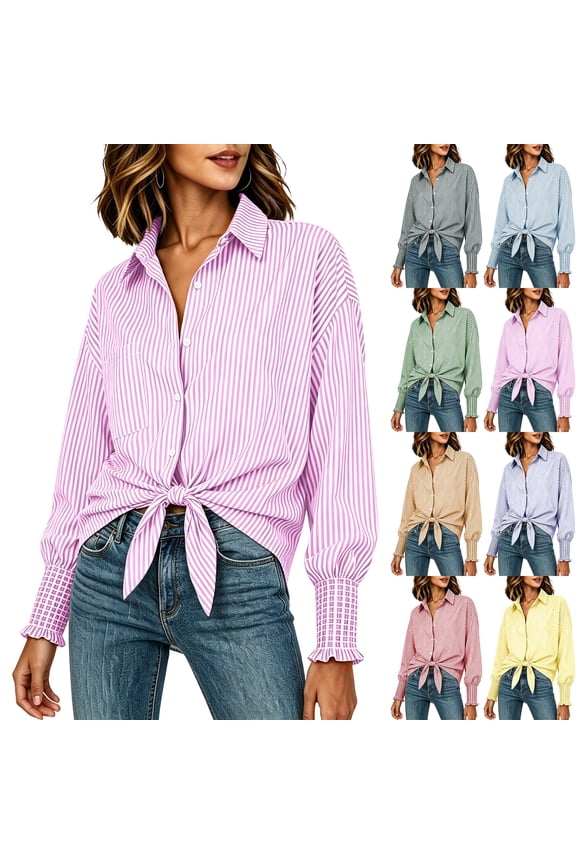 Womens Long Sleeve Striped Button Down Blouse Collared Oversized Boyfriend Shirt Smocked Cuff Tunic Top for Work Office to Wear with Leggings, Hot Pink, M