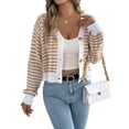 thumbnail image 1 of Womens Long Sleeve Striped Cardigan Sweaters Striped Cropped Button Fall Trendy Open Front Knit Sweater Coats Khaki L, 1 of 8