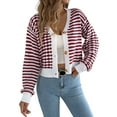 thumbnail image 1 of Womens Long Sleeve Striped Cardigan Sweaters Striped Cropped Button Fall Trendy Open Front Knit Sweater Coats Wine Red L, 1 of 8