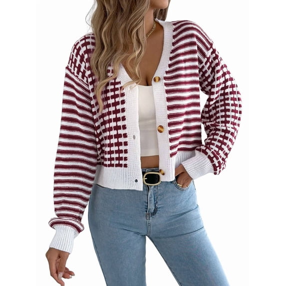 Womens Long Sleeve Striped Cardigan Sweaters Striped Cropped Button Fall Trendy Open Front Knit Sweater Coats Wine Red L