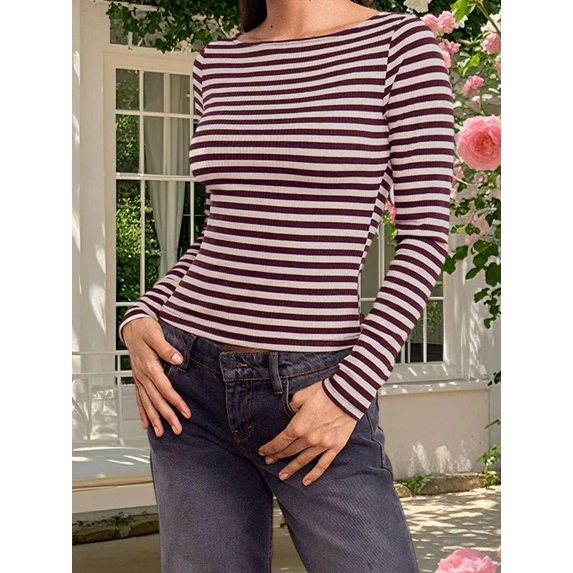 Womens Long Sleeve Striped Crew Neck Slim Fit Knit Top Blue
