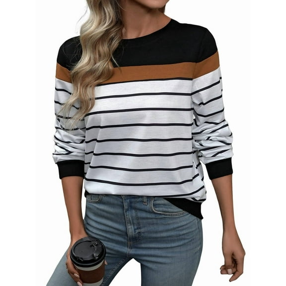 Womens Long Sleeve Striped Shirt Colorblock Tee Crew Neck Casual Tops Heart Black L