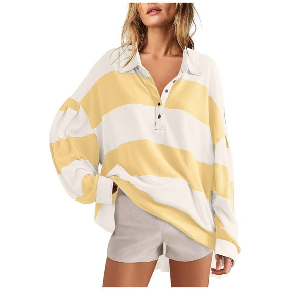 Womens Long Sleeve Striped Shirts Oversized Striped Polo Shirt Henley Button V Neck Tunic Casual Loose Tops