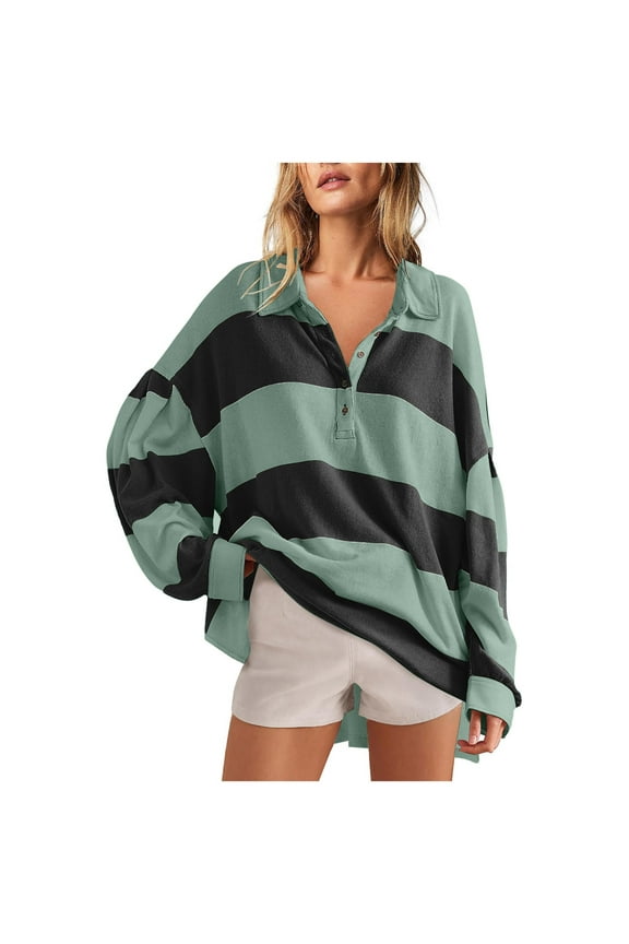 Womens Long Sleeve Striped Shirts Oversized Striped Polo Shirt Henley Button V Neck Tunic Casual Loose Tops