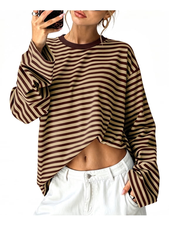 Long Sleeve Shirts for Women Plus Size Crewneck Sweatshirts Fashion Striped Pullovers Casual Loose Fit Fall Spring Tunic Tops