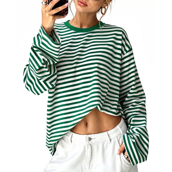 WIHOLL Long Sleeve Shirts for Women Plus Size Crewneck Sweatshirts Fashion Striped Pullovers Casual Loose Fit Fall Spring Tunic Tops