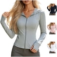 thumbnail image 1 of Womens Long Sleeve Sun Protection Hoodie Full Zip Slim Fit Athletic Track Jacket Thumb Holes Quick Dry Workout Top for Running Hiking, Gray, XL, 1 of 7