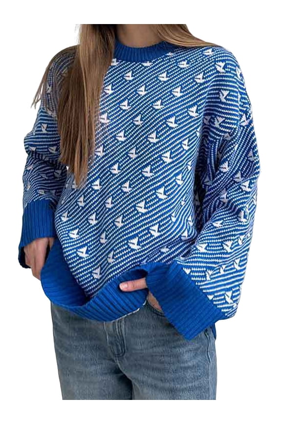 Womens Long Sleeve Sweater Autumn Oversized Cropped Sweaters Casual Sailboat Print Crewneck Knit Tops Blue M
