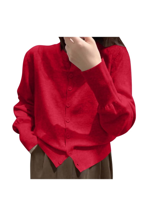 Womens Long Sleeve Sweater Cardigan Light Weight Slouchy Fall Sweater Button Open Front Cardigan Casual Trendy Clothes Red, Free Size