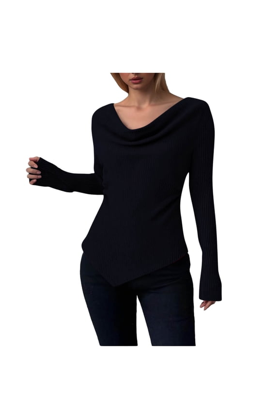 Womens Long Sleeve Sweater Casual Knitted Cowl Neck Asymmetrical Slim Fit Tops Y2k Going Out Fall Winter Clothes (XXL, Black)