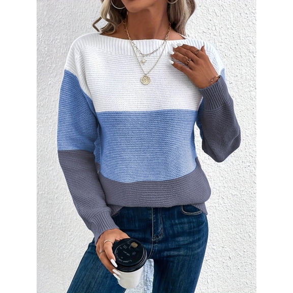 Womens Long Sleeve Sweater Crew Neck Casual Loose Knit Multicolor Top Blue L