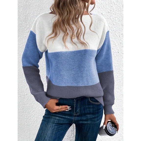 Womens Long Sleeve Sweater Crew Neck Casual Loose Knit Multicolor Top Blue M