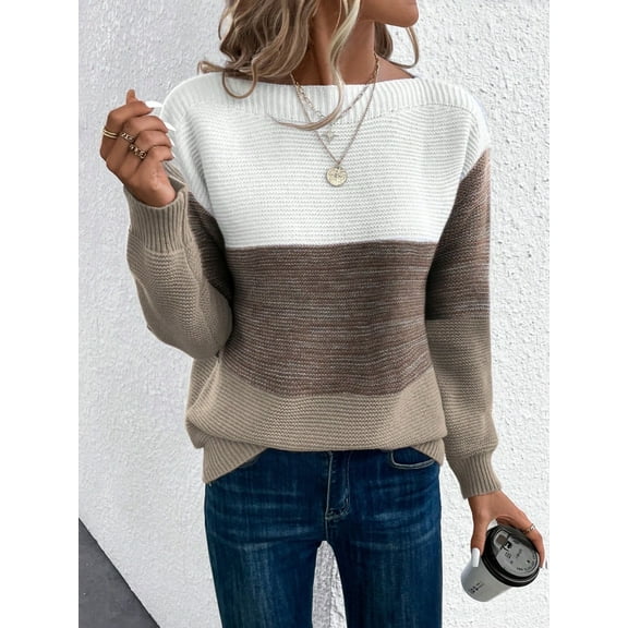 Womens Long Sleeve Sweater Crew Neck Casual Loose Knit Multicolor Top Brown L