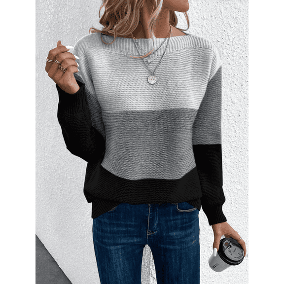 Womens Long Sleeve Sweater Crew Neck Casual Loose Knit Multicolor Top DeepGray L