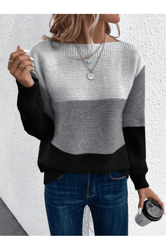 Womens Long Sleeve Sweater Crew Neck Casual Loose Knit Multicolor Top DeepGray S