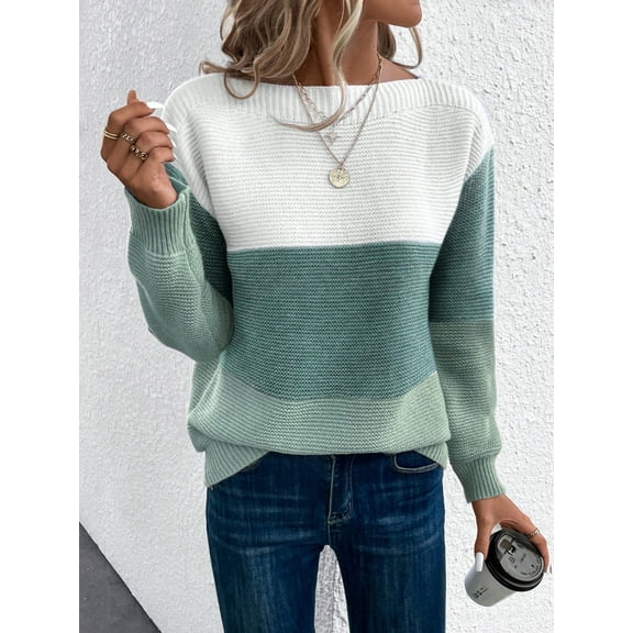 Womens Long Sleeve Sweater Crew Neck Casual Loose Knit Multicolor Top Green L