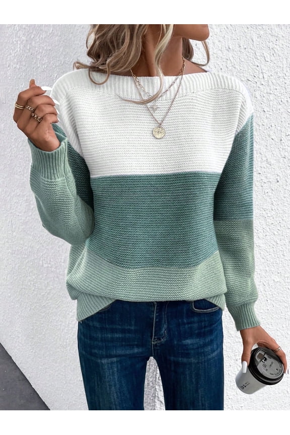 Womens Long Sleeve Sweater Crew Neck Casual Loose Knit Multicolor Top Green L