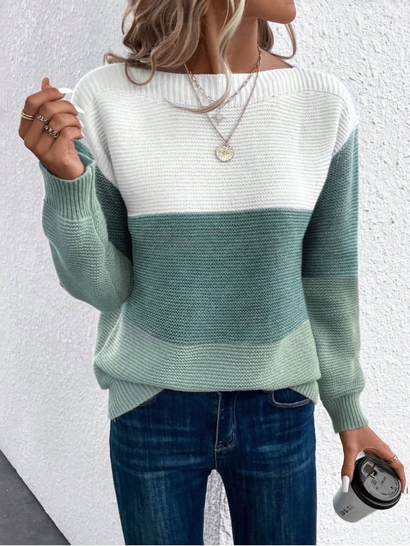 Womens Long Sleeve Sweater Crew Neck Casual Loose Knit Multicolor Top Green S