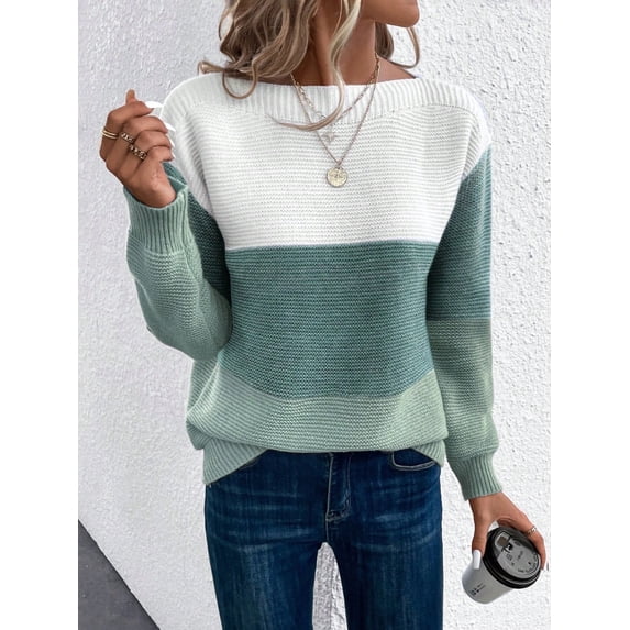 Womens Long Sleeve Sweater Crew Neck Casual Loose Knit Multicolor Top Green XL